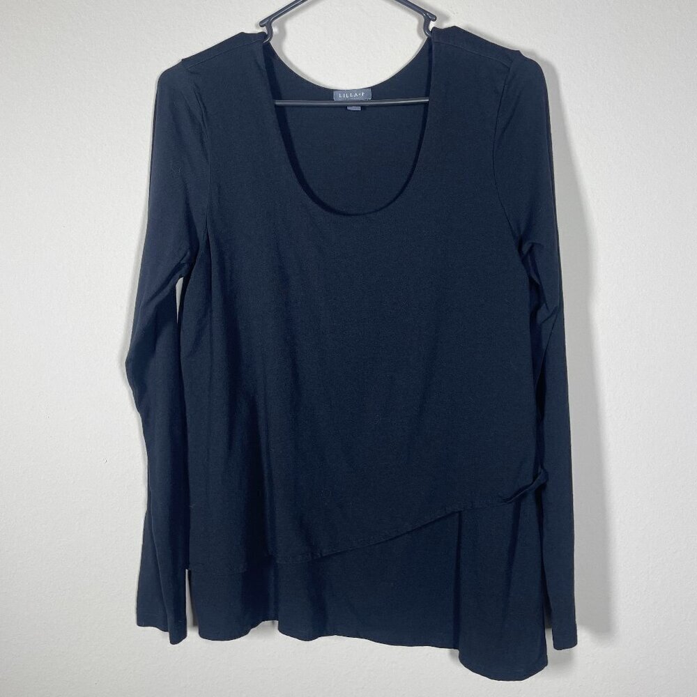 Lilla P Women's LS Black Layered Top Casual Medium Cotton Blend!